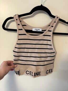 Celine Beige Striped Ribbed Crop Tank Top